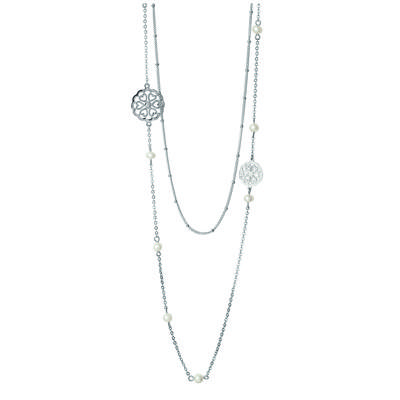 [M8830] - Silver-white 'Carmen' Steel Long Necklace (2 Rows) - 90 Cm