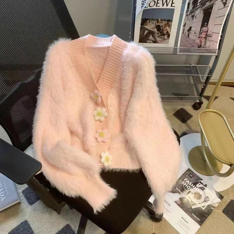 Three-dimensional Flower Cute Fresh Soft Waxy Sweater Women's Autumn and Winter Design Imitation Mink Knitted Cardigan Jacket