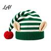 Comfortable Elastic Hat Christmas Elf Knitted Hat Ears And Fluffy Fur Ball Decor Soft Funny Cosplay Headwear Acrylic Striped Cap for Winter Festive