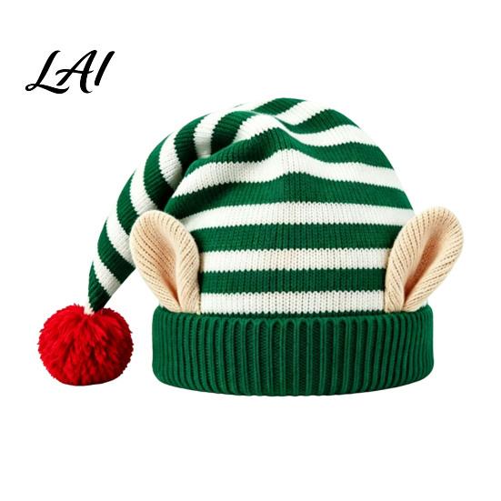 Comfortable Elastic Hat Christmas Elf Knitted Hat Ears And Fluffy Fur Ball Decor Soft Funny Cosplay Headwear Acrylic Striped Cap for Winter Festive