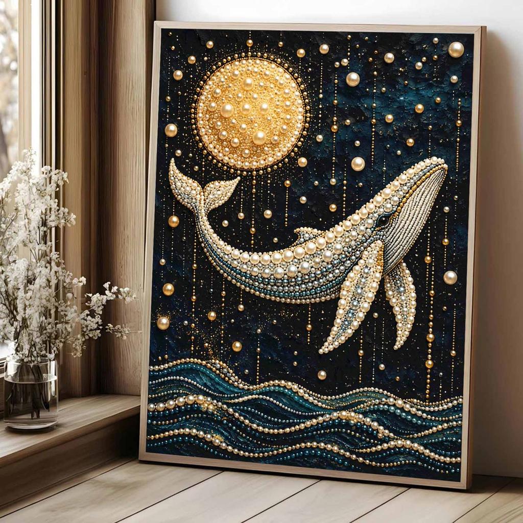 Unique 5D Framed Pearl Painting Kit with Ocean Whale and Full Moon Pattern Sparkling Bead Art Canvas DIY Handmade Craft for Living Room Decor