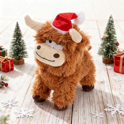Yousheng Electric Plush Highland Cow with Santa Hat Soft Goat Stuffed Animal Christmas Holiday Decoration Cute Stress Relief Gift for Kids Family
