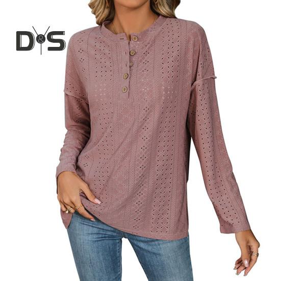 

Женские топы с круглым вырезом и длинным рукавом, однотонные, свободные, рубашка с жаккардовым узором, ажурные кружевные пуловеры, повседневные футболки S розовый