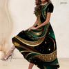 Women Plus Size Round Neck Short Sleeve Rhinestone Printed A Line Long Dress