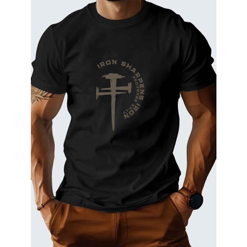 

European Size Men S Casual Crew Neck T-Shirt, 100% Cotton Short Sleeve Top with Iron Sharpens Iron Print, Medium Stretch Summer Knit Fabric, Regular 4XL чорний