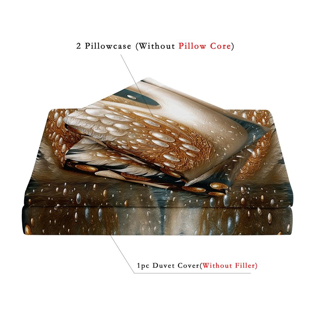 3 Pieces Deep Golden Pearl White Double Swan Print Duvet Cover Set, Floral Branch Water Reflection Luxury Art Print Bedding