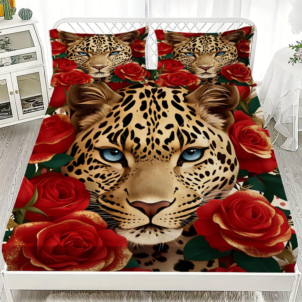 Leopard Print Fitted Sheet Set Red Roses And Leopard Face Design With Pillowcases For Bedroom Decor