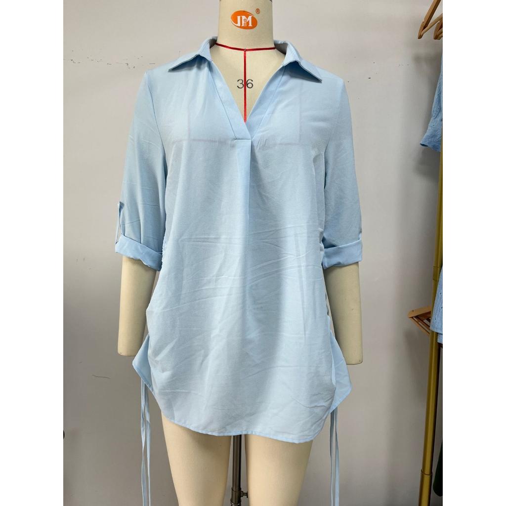 Spring Summer New Women's Solid Color Lapid Loose 3/4 Sleeve Chiffon Shirt Blouse Casual Top for Cross-border