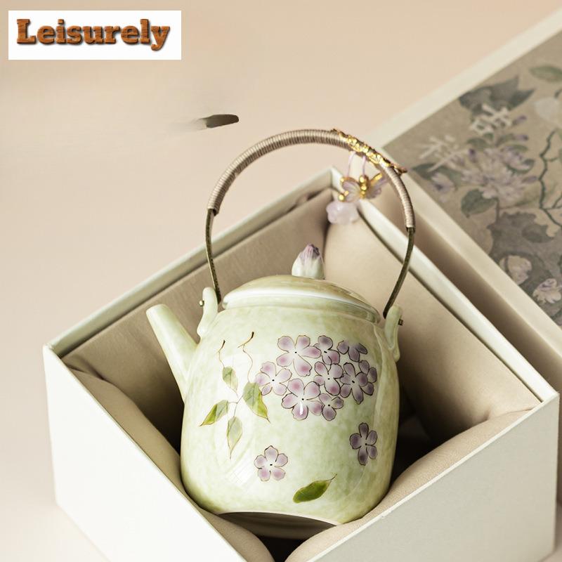220ml Hand-painted Hydrangea Lifting Handle Teapot Luxury Tea Infuser Pot Tea Maker Kettle with Strainer Tea Services Ornaments
