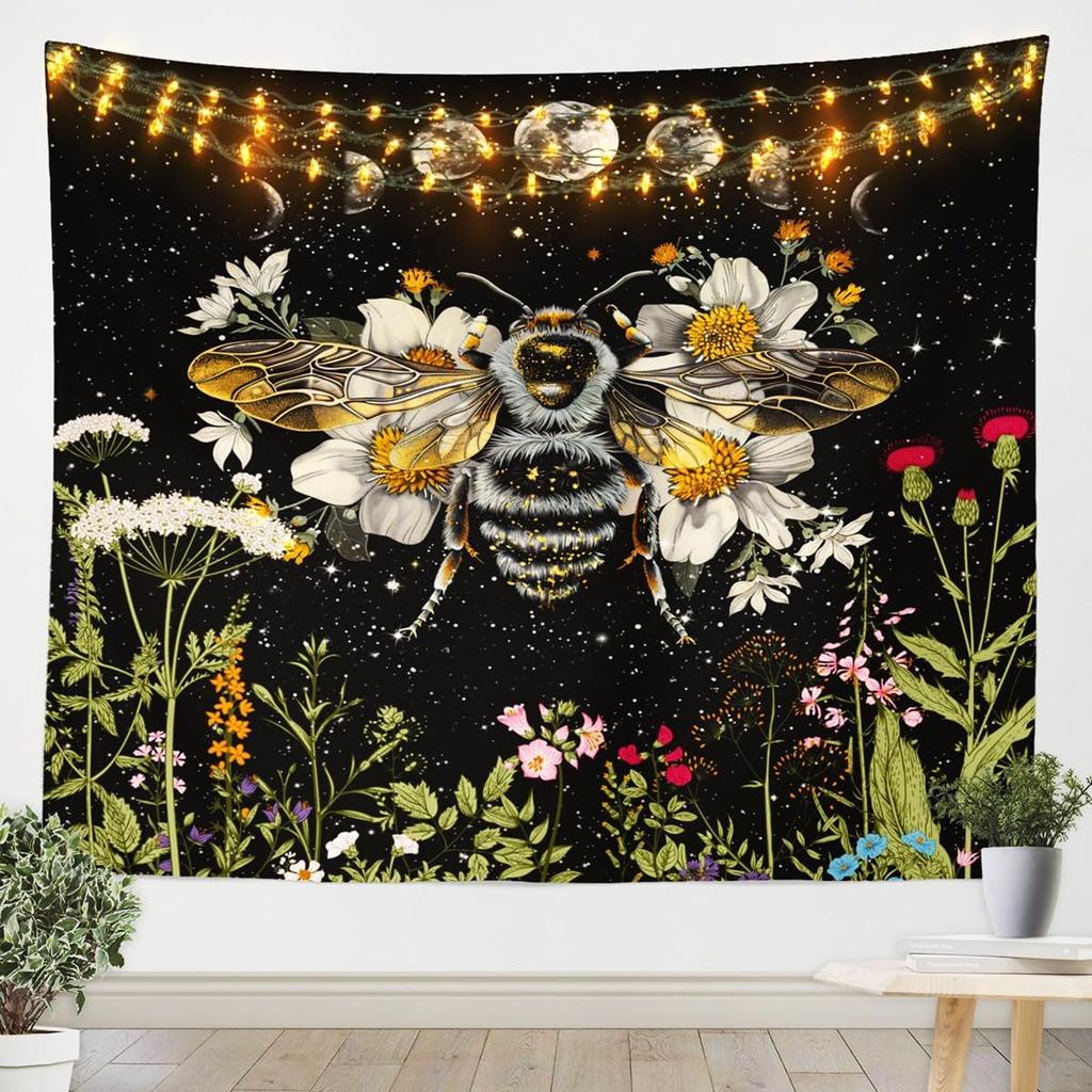Kids Wildflower Bee Tapestry Cute Moon Phase Botanical Tapestry Wall Hanging for Boys Girls Plant Nature Floral Garden Herbs