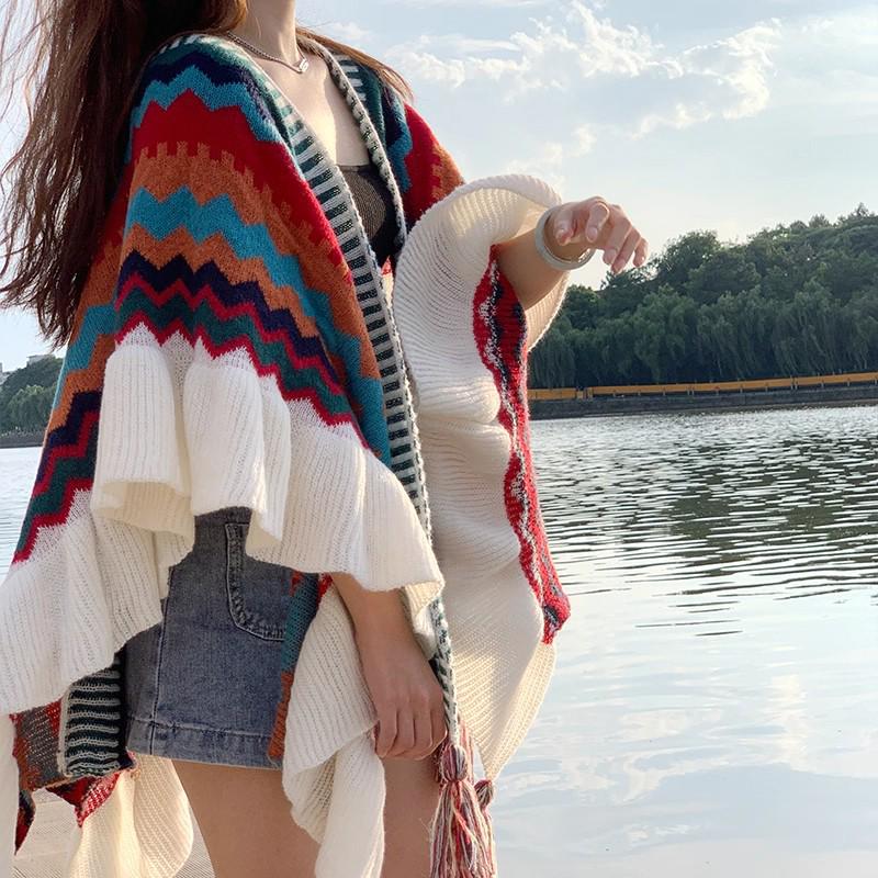 Manufacturer's New Ethnic Style Ruffled Knit Shawl: Xinjiang Stripe, Sichuan-West Travel, Thick and Warm