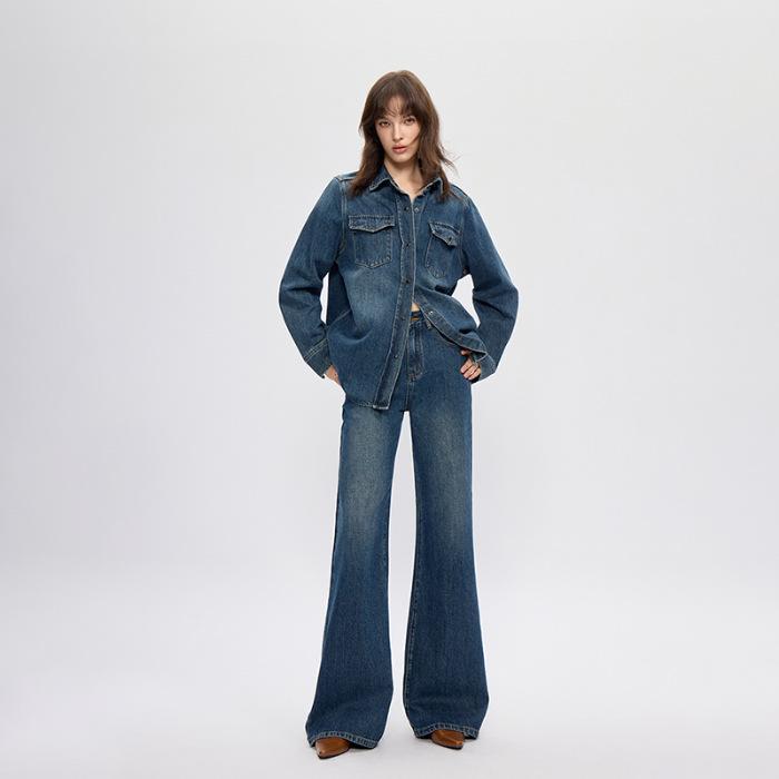 

SELINE Shi Lin Women s High Waist Retro Washed Bell Bottom Jeans, Slimming and Loose Fit, Summer 2026 Collection, Floor-Length. Medium синий
