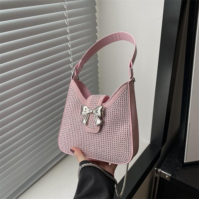 

Sweet bow bag 2025 new spring and summer foreign style bright diamond chain messenger bag portable underarm bag single shoulder розовый
