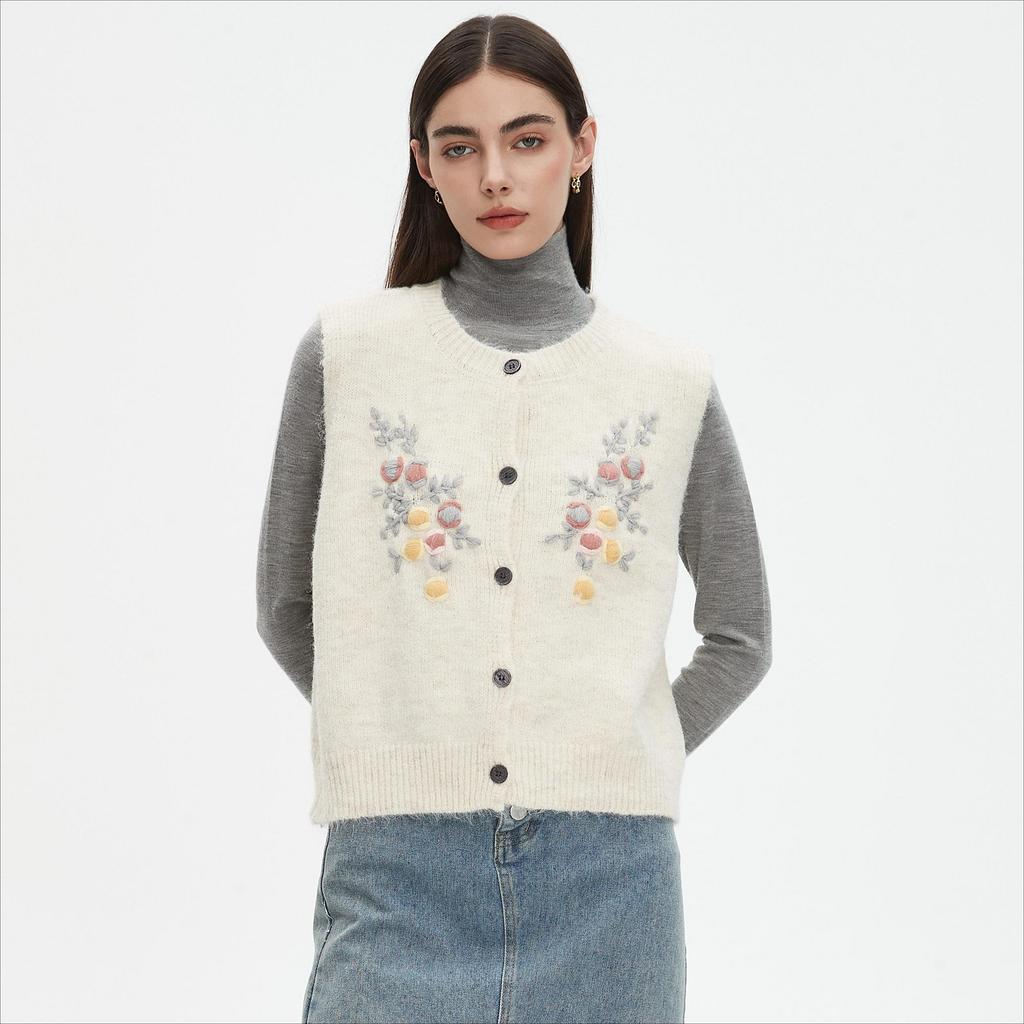DIMANAF 2025 Short Vest Sweaters Autumn Women Flowers Print O-Neck Sweaters Knitting White Sweater