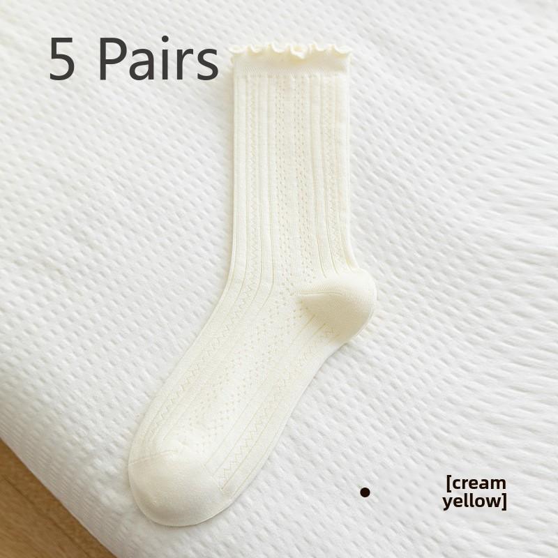 

5 Pairs of Women s Spring and Summer Thin Sweat Absorbent Mesh Breathable Solid Color Wood Ear Edge In The Middle Tube Pile Socks 5 Pairs жёлтый