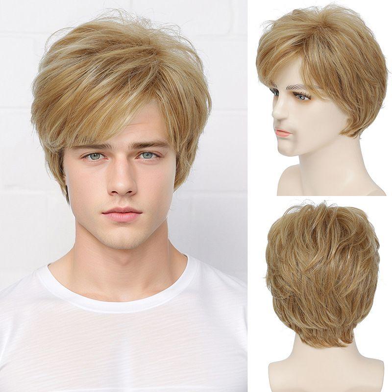 Male Short-haired Wavy Wigs - Fashionable Slanted Fringe Golden Curly Short-haired Wigs YN072