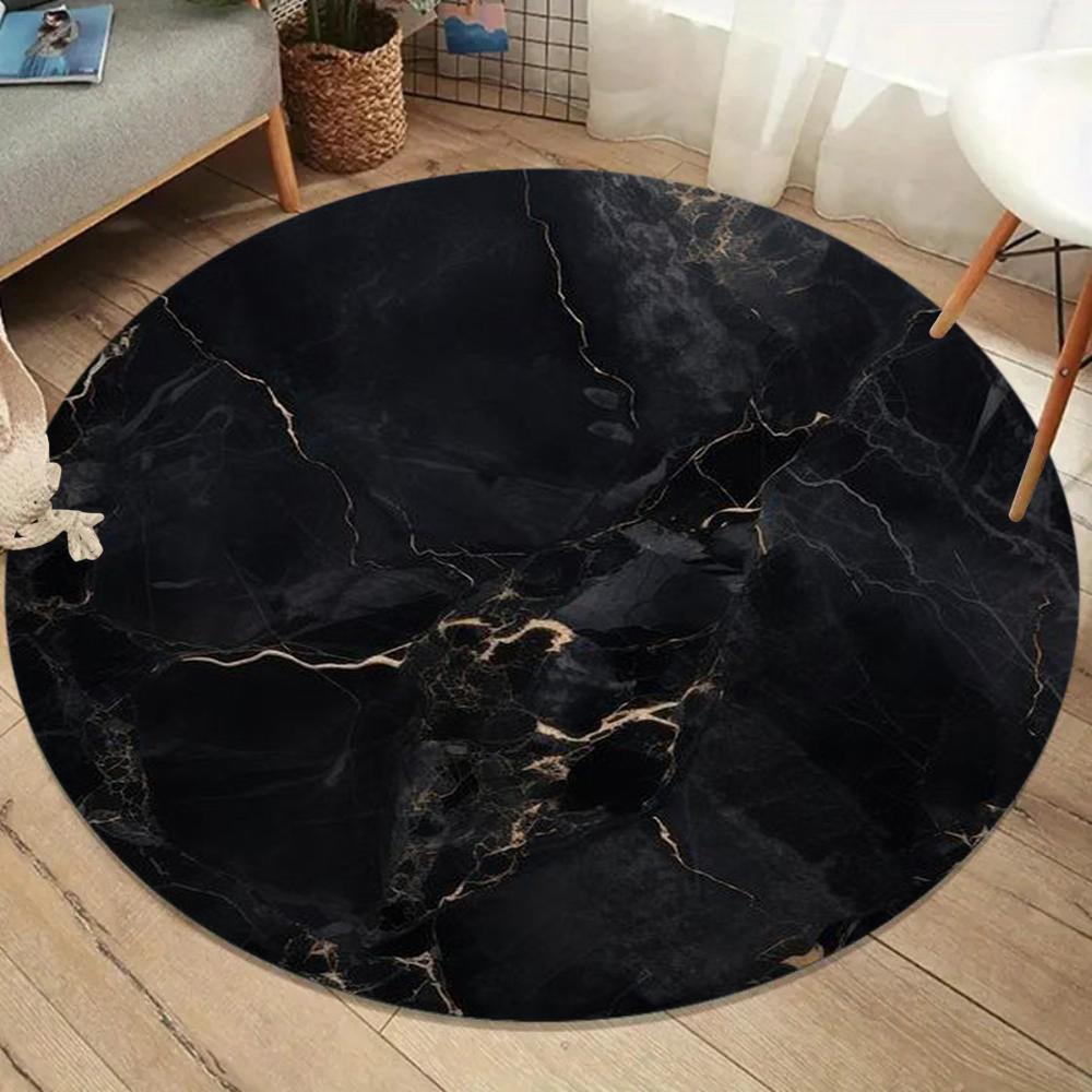 Premium Black Gold Veined Marble Round Rug Glittery Sparkle Carpet Non-Slip Large Area Rug for Living Room Bedroom Decoration