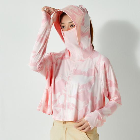 Kadın Güneş Koruyucu Mont Fermuarlı Açık Kapşonlu Yüz Boyun Koruması Buz İpek Anti-UV İnce Uzun Kollu Tie-dye Bisiklet Kamp Ceket