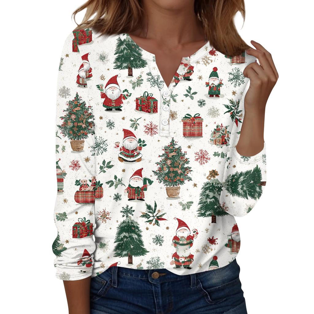 Women's Fashion Casual H Printed V-Neck Long Sleeve Decorative Button T-Shirt Tops