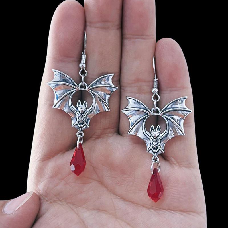 Dark Gothic Punk Black Bat Earrings with Red Crystal for Women - Halloween Style