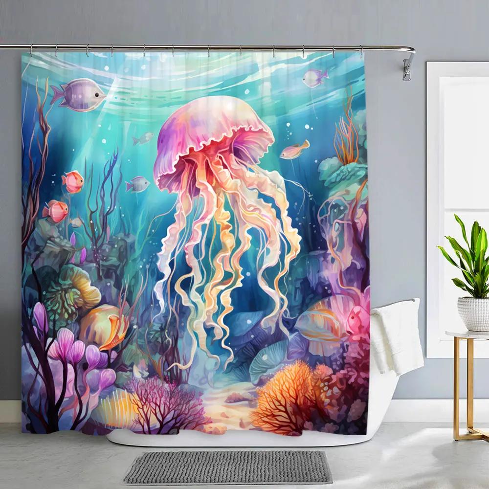 Ocean Animals Bathroom Curtains Watercolour Octopus Jellyfish Turtle Polyester Fabric Washable Shower Curtains Bathroom Decor