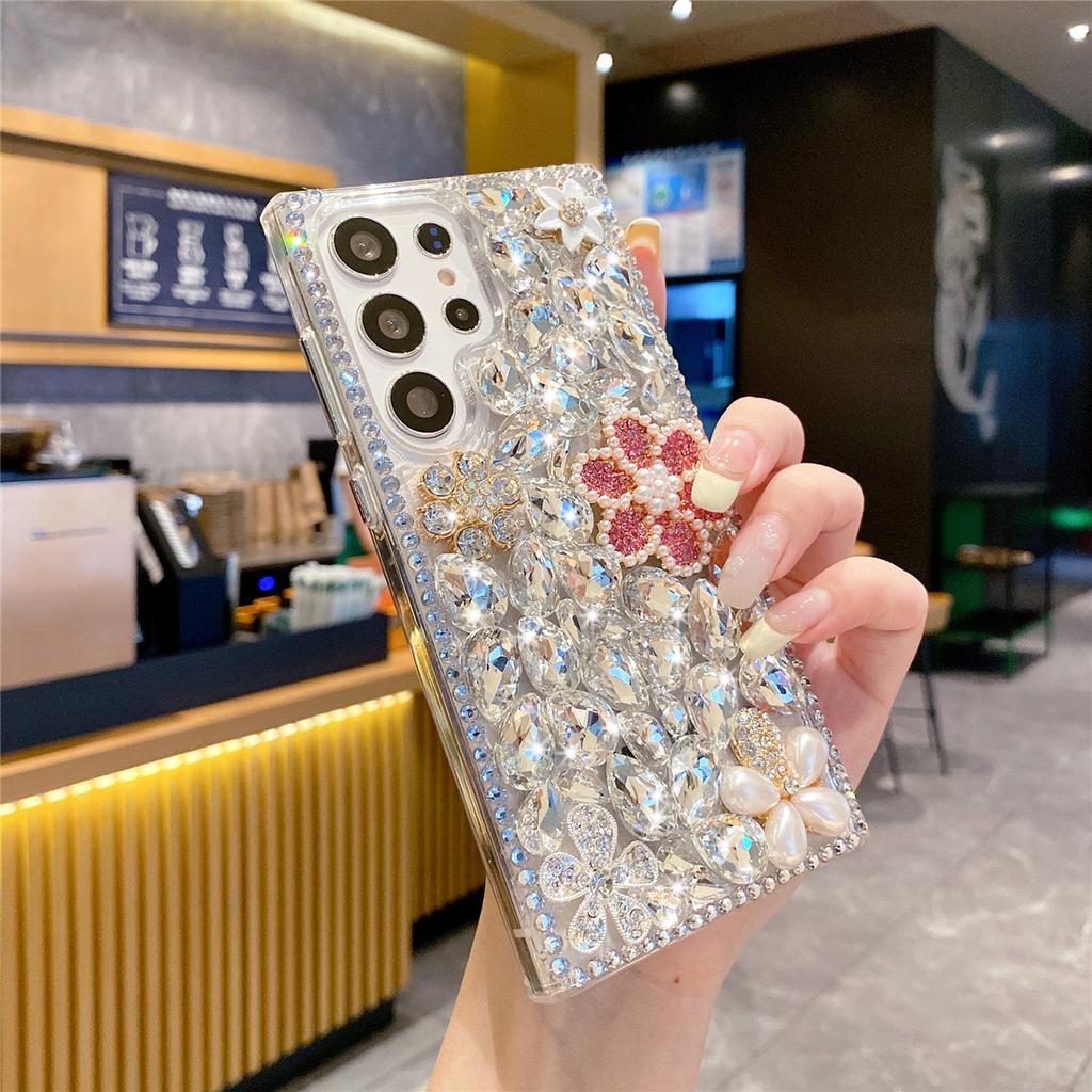 Bling Pink Pearl Flower Case For Samsung Galaxy S26 S25 S24 Ultra S23 S22 Plus Note 20 Glitter Rhinestone Silver Diamond Cover