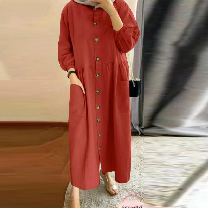 

In Stock: 2025 Muslim Women s Retro Casual Cardigan Dress with Patch Pockets, Round Neck, Puff Sleeves, and Loose Fit L помаранчевий/червоний
