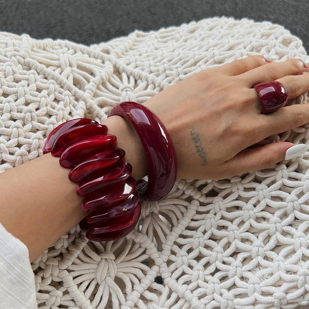 IngeSight.Z 2026 Boho Geometric Acrylic Resin Elasticity Bangles Ring Set Women Vintage CCB Beads Bangle Bracelets Charm Jewelry