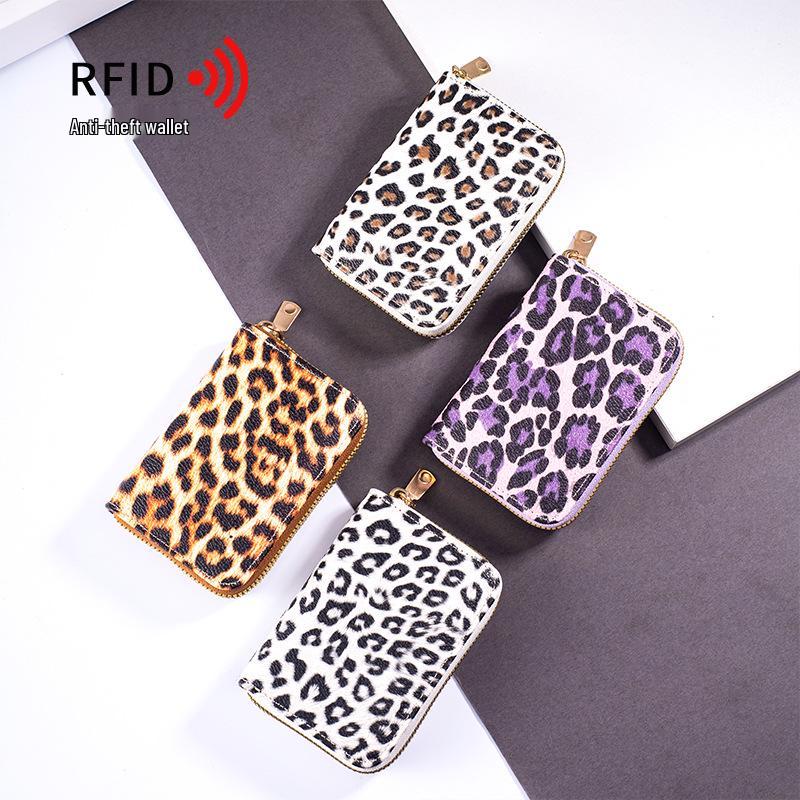 RFID Anti-theft Leopard Print Women's Accordion Card Holder with Zipper Coin Purse and Large Multi-card Capacity