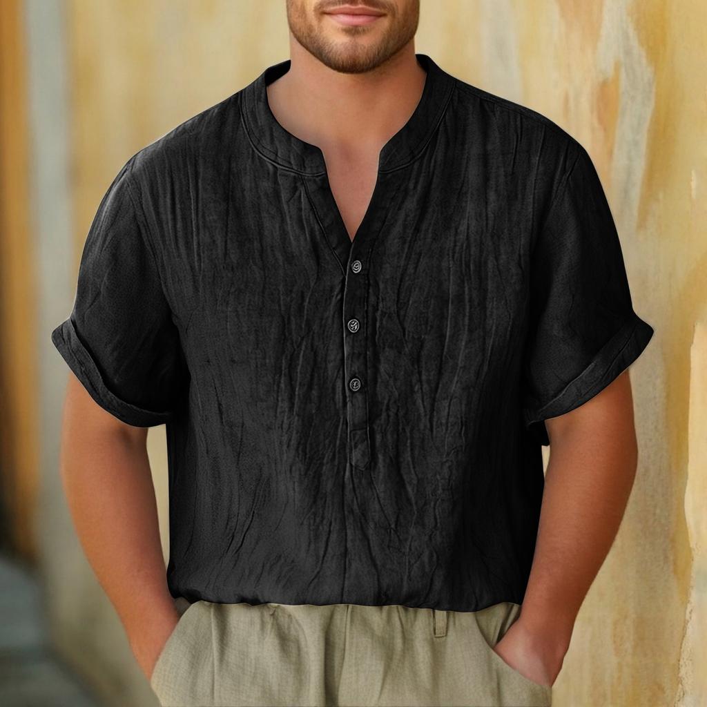 Maglia Pullover Casual da Uomo con Collo Rialzato Top T-shirt Sottile in Cotone e Lino Retro