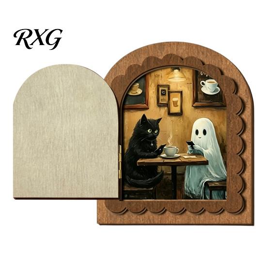 Decorative Halloween Fireplace Accent Cute Ghost Door Ornaments, Vintage Miniature Decoration, Retro Arched Tabletop Decor 3 Layer Openable C