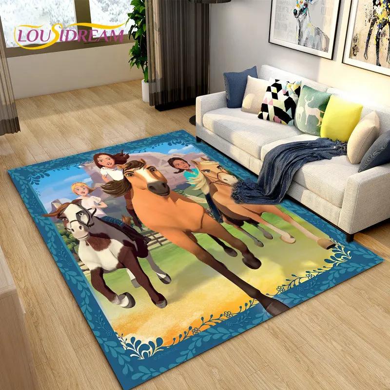 Cartoon Spirit Riding Free Horses Area Rug,Carpet Rug for Living Room Bedroom Sofa Doormat Decoration, Kids Non-slip Floor Mat