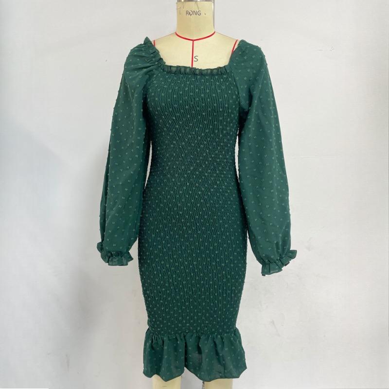 GMXIA Temperament and Elegance of Pure Colour Wooden Ear Edge Long-sleeved Dress Slim Square Neck Package Hip Fishtail Dress Medium-length Models