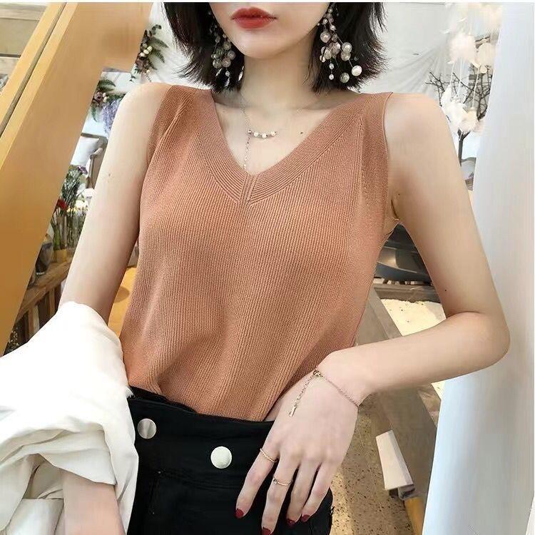 Knitted Sleeveless V Neck Vest Women's Turtleneck Short Loose Versatile Knitted Bottoming Shirt