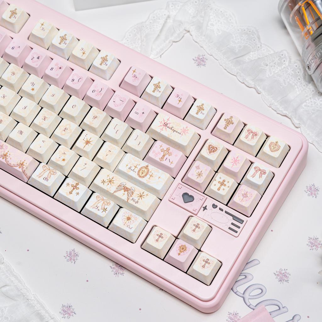 130 Keys Angel Lie Themed Five Sides Dye Sublimation PBT Keycaps Cherry Profile Cute Key Cap for MX Switches Mechanical Keyboard