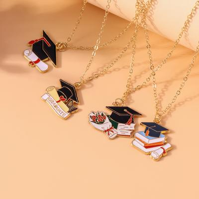 4pcs/Set Mortarboard Graduation Ceremony Necklace Doctorial Hat Pendant Necklaces for Student Graduation Jewelry Gifts