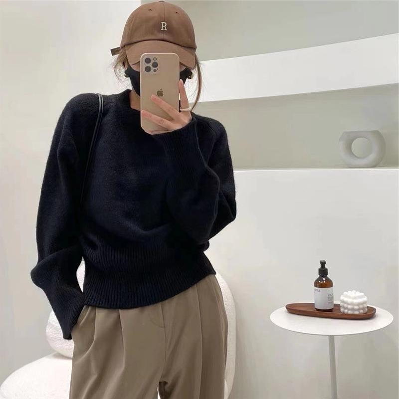 Autumn Winter Round Neck Simple Fashion All-match Knitting Top Women Casual All-match Solid Pullover Sweater