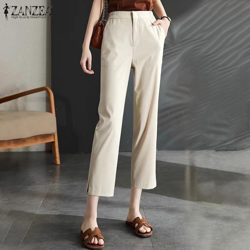 

ZANZEA Women Summer Mid-Waist Slit Straight Pants S хакі