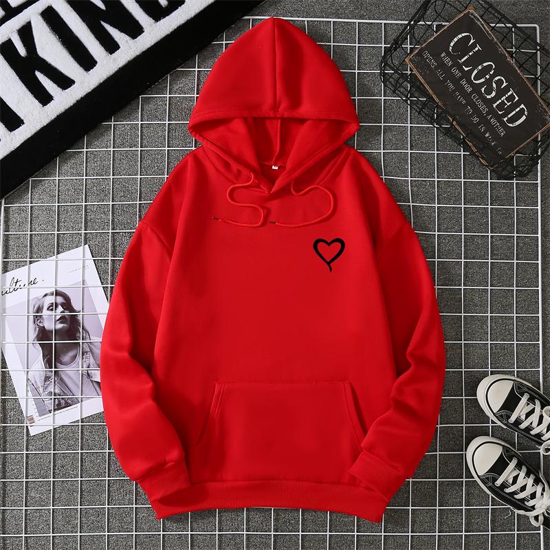 Simplic Heart Print Women Sweatshirt Soft Casual Loose Vintage Female Hoodies Winter Warm Fleece Student Tops