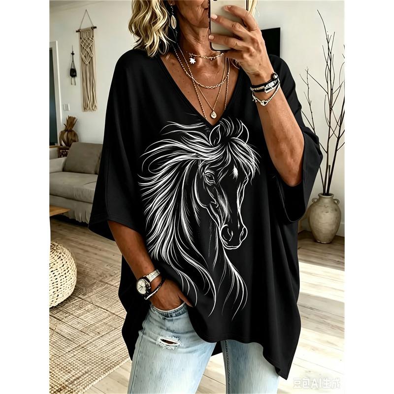 Printed Plus-Size Women's V-Neck Batwing Sleeve T-Shirt Bohemian Ethnic Print Loose Top Summer Comfortable Breathable Daily Commute Casual