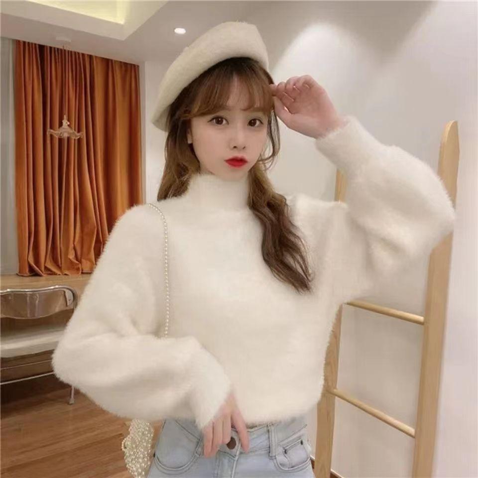 Winter Imitat Nerzwolle Fleecefutter Damen Rollkragen Elastischer Lässiger Pullover Damen Stricktops Pullover Weich Warm
