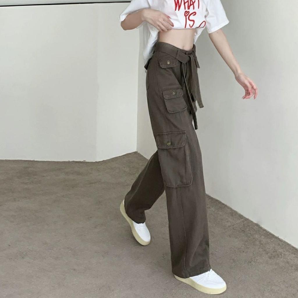 American Vintage Cargo Pants Women's High Street Casual Student Plus Size High Waist Loose Straight Wide Leg Pants