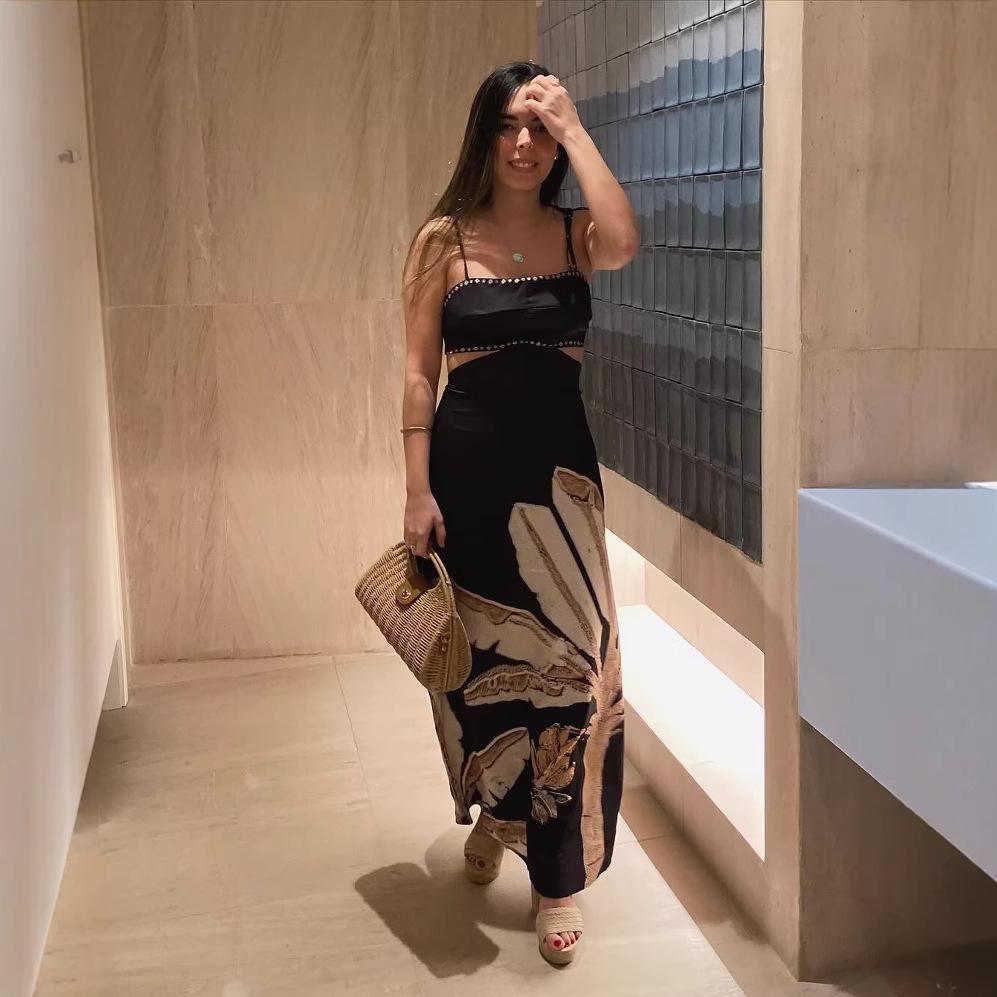 

2025 Women s Summer European & American Style Sexy Hollow-Out Spaghetti Strap Printed Dress Small