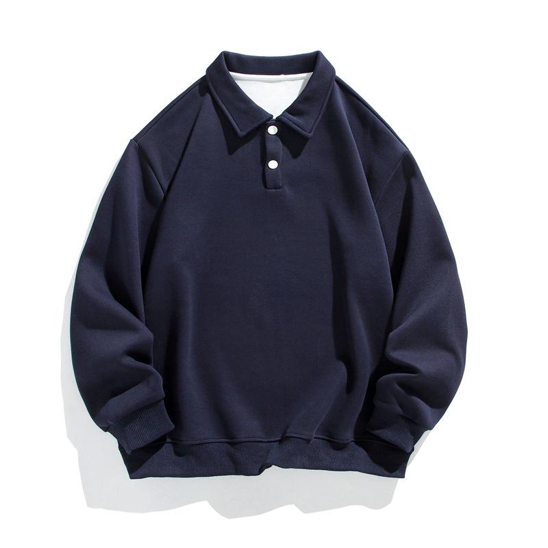 

Мужская рубашка-поло с длинным рукавом, плотная, в корейском стиле, однотонная, модный свитер унисекс на весну и осень M темно-синий