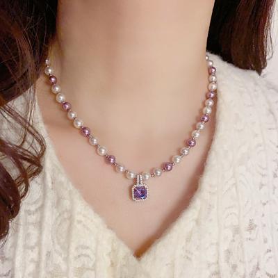 Collier Rétro Carré Zircon Violet Perle Élégant Tempérament Niche Luxe Léger Polyvalent Haut de Gamme Chaîne Clavicule