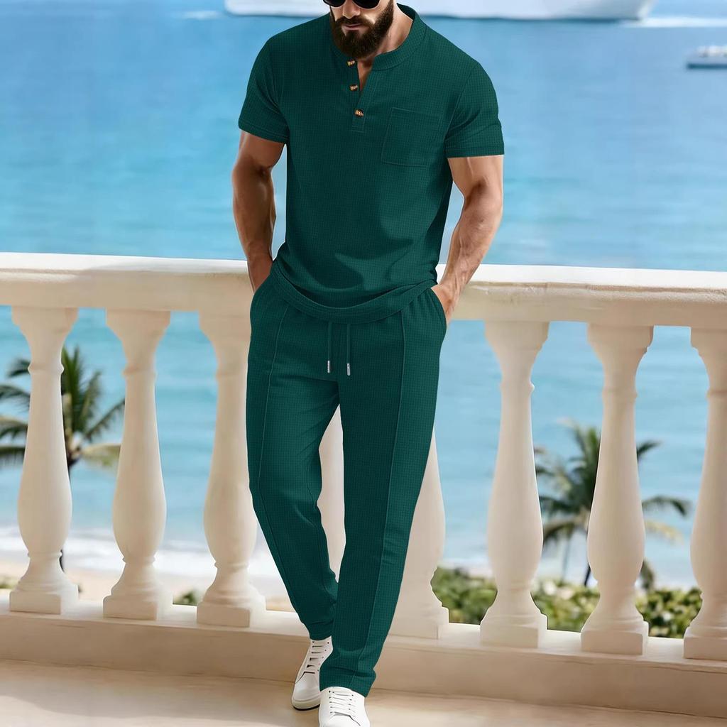 2026 Men's European & American Summer Henley T-Shirt + Drawstring Pants Set