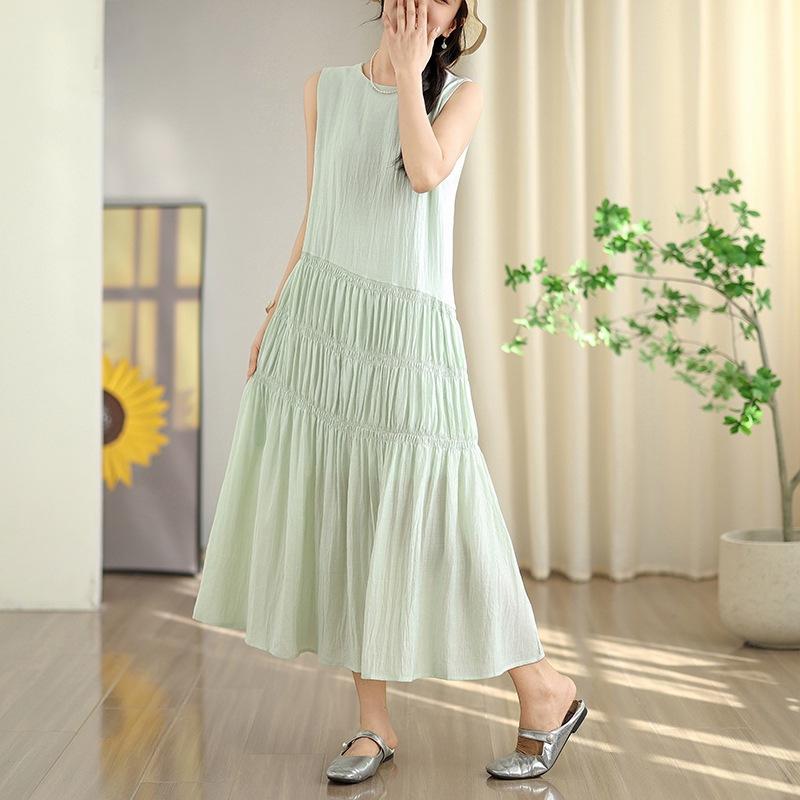 

2025 лето новый плиссированный жилет юбка хлопок и лен длинное платье модное и тонкое льняное платье без рукавов M зелёный