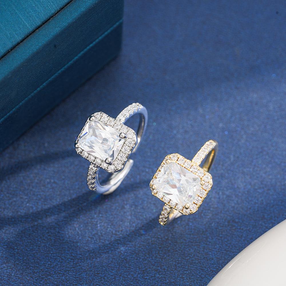 S925 Sterling Silver Princess Square Moissanite Open Ring - European & American Style Jewelry