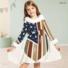 Girls Long Sleeve Star Stripe Printed Dress Fuzzy Collar Cuffs Bow Decor A Line Flared Hem