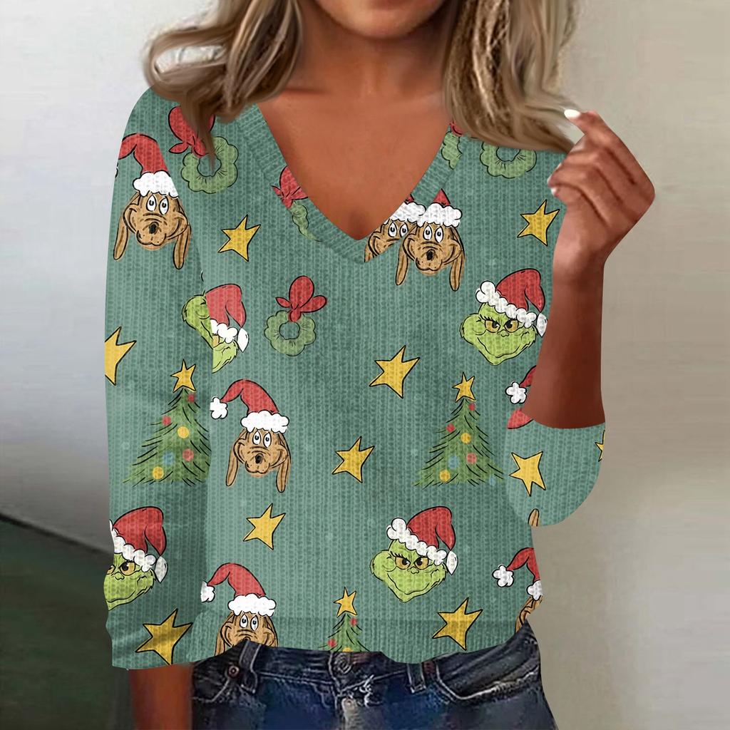 Women's Cute Sweatshirt Knitted Fashion Casual V-neck Long-sleeved  Cozy Print Top